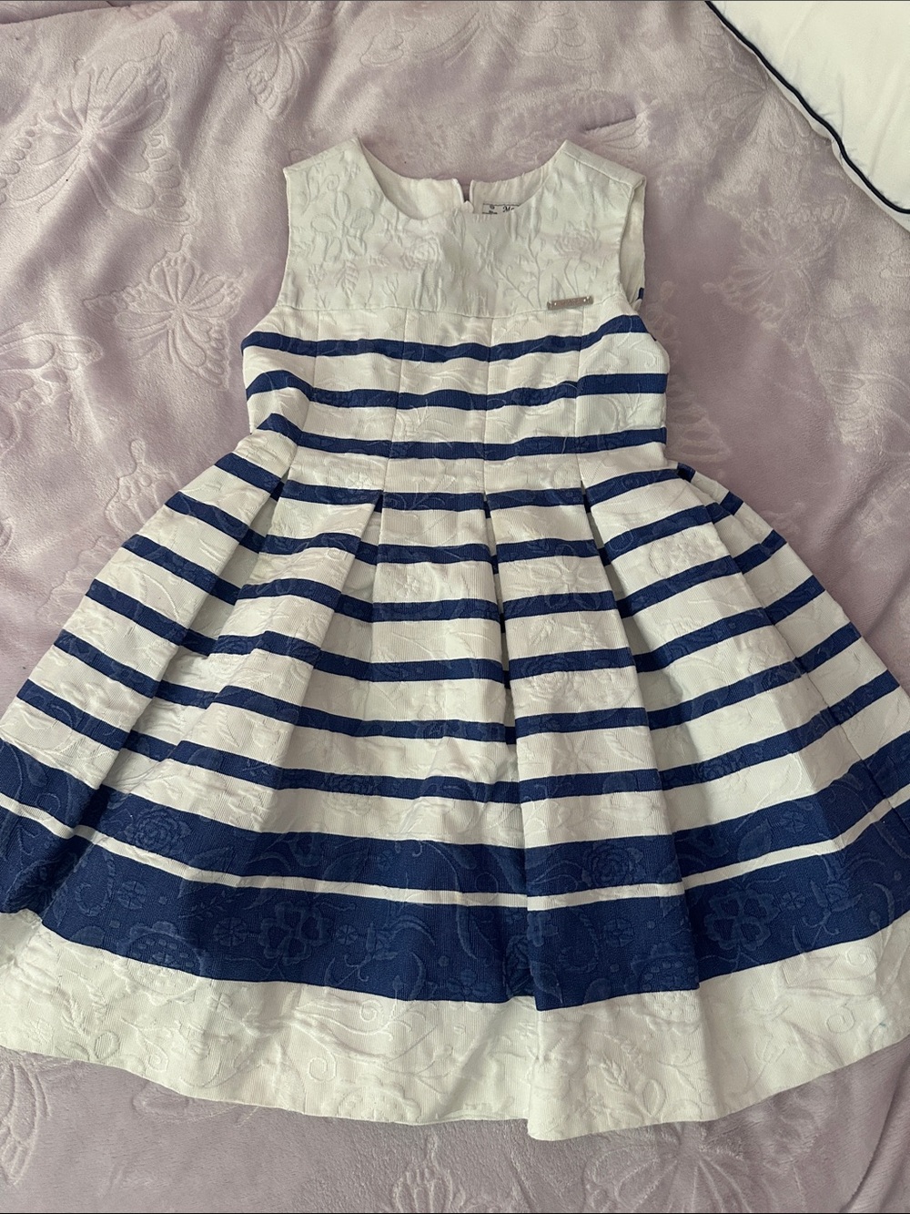 Mayoral White and Navy Striped Fit-and-Flare Dress